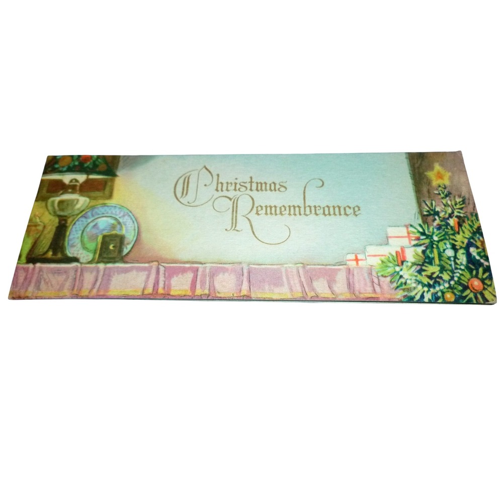 Vintage Christmas Remembrance‎ Greeting Card Interior Scene Tree Gifts USA Made